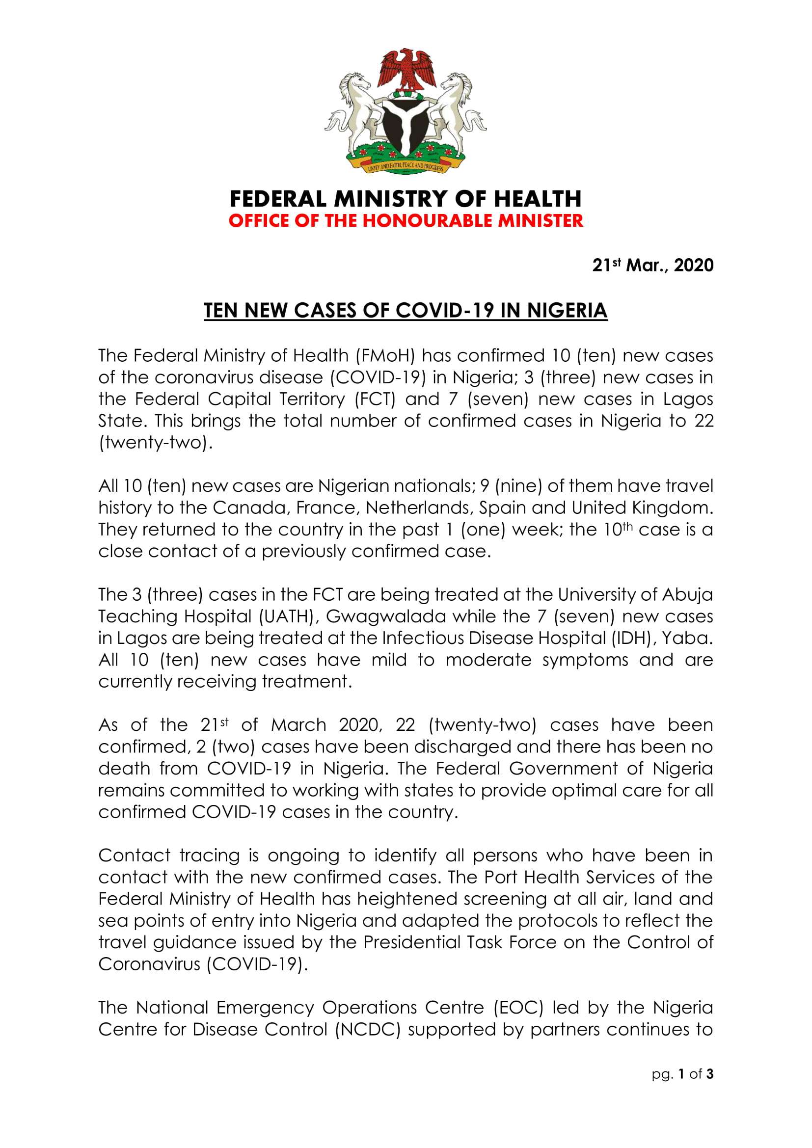FG 10 New Case Confirmed, 3 in Abuja