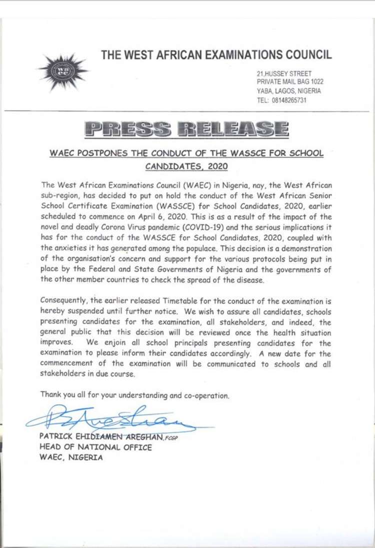 WAEC Postpones WASSCE Indefitely