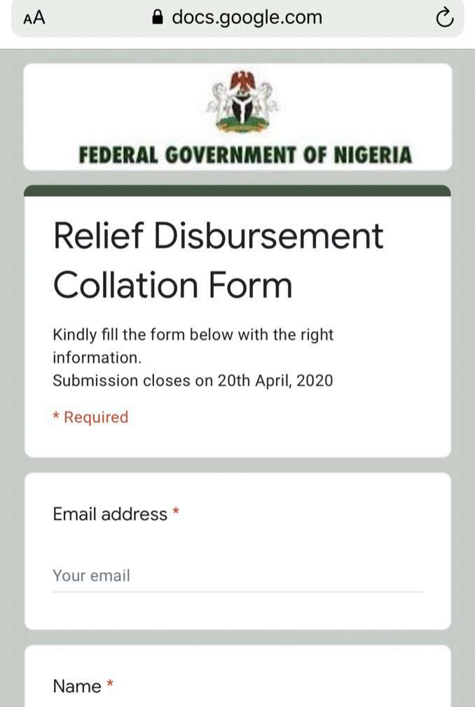 Federal government Relief Disbursement Collation Form is a Scam
