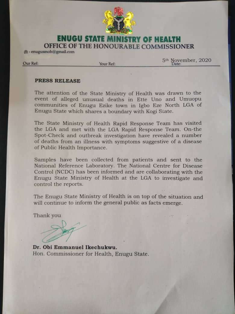 Alleged Unusual Deaths in Enugu Ezike: Enugu Govt Sends Patients' Samples for Investigation