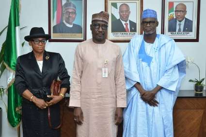 From left - Pro Pro-Chancellor, Usmanu Danfodiyo University, Sokoto, Hon. Justice Pearl Enejere (rtd), Group Managing Director of the Nigerian National Petroleum Corporation, Malam Mele Kyari and the University’s Vice Chancellor, Professor Lawal Suleiman Bilbis,  during a meeting at the NNPC Towers, Abuja.
