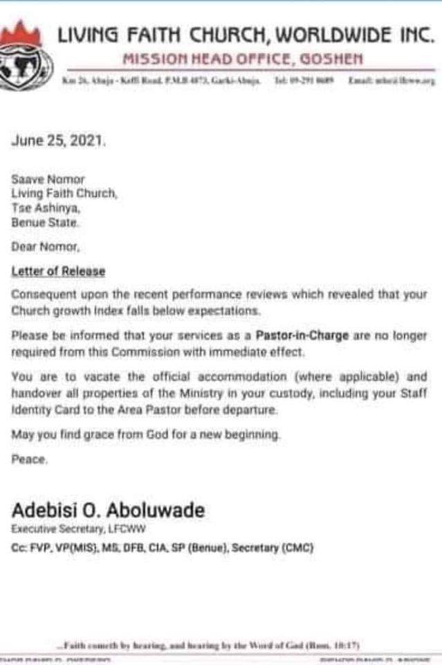 Winners Chapel Sack Letter