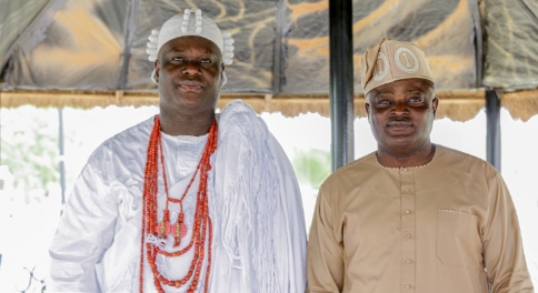 Speaker of Lagos State House of Assembly, Mudashiru Obasa, and His Imperial Majesty (HIM) Oba Adeyeye Enitan Ogúnwusi, Ojaja II, Ooni of Ife