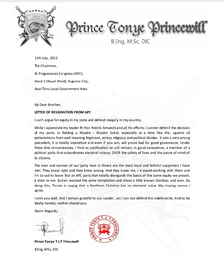 Prince Tonye Princewill Resignation Letter from APC