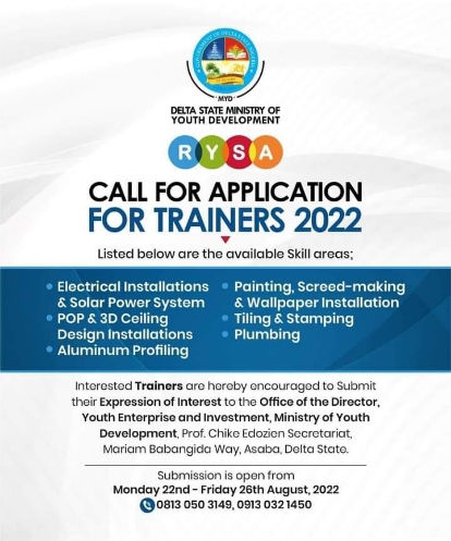 Delta State Opens Application For TRAINERS in its Rural Youth Skill Acquisition Program (RYSA)