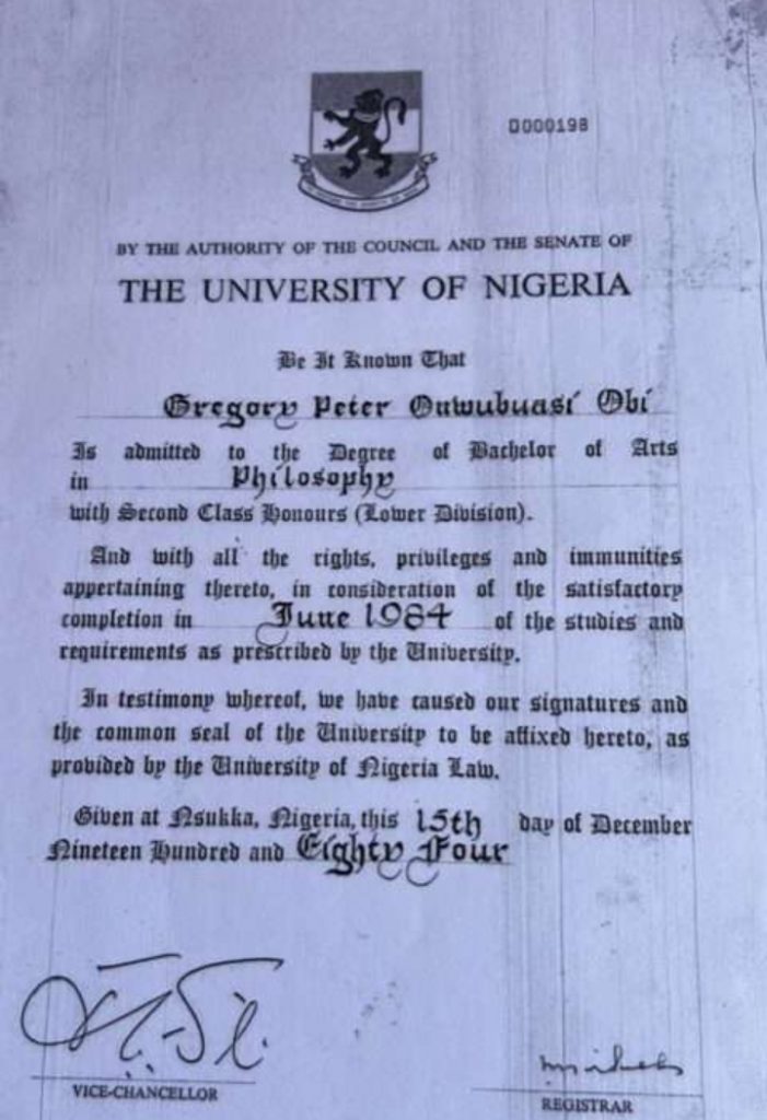 Peter Obi University Certificate
