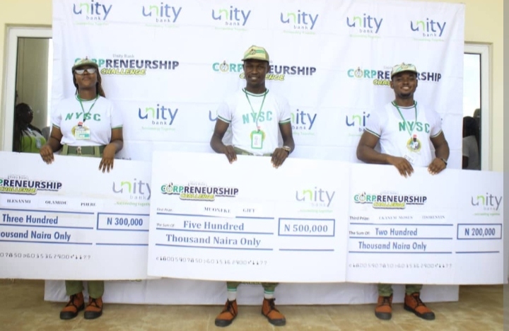 L-R: 2nd Prize Winner - Ilesanmi Olamide Phebe, 1st Prize Winner – Muoneke Gift & 3rd Prize Winner – Ekanem Moses Idorenyin - Winners of the recently held Corpreneurship Challenge Initiative at the NYSC Camp Rivers State.