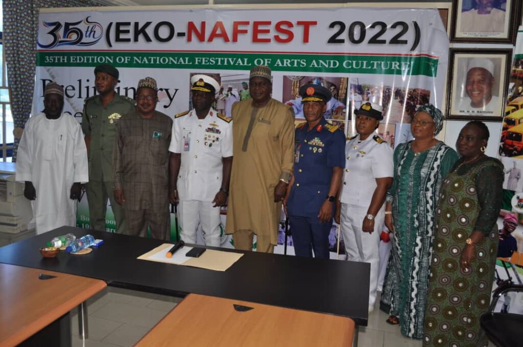 The Director General, National Council for Arts and Culture, Otunba Segun Runsewe, the Management Staff of NCAC and Members of Defence Civil Military Relations in a group photograph during the courtesy visit to NCAC headquarters in Abuja