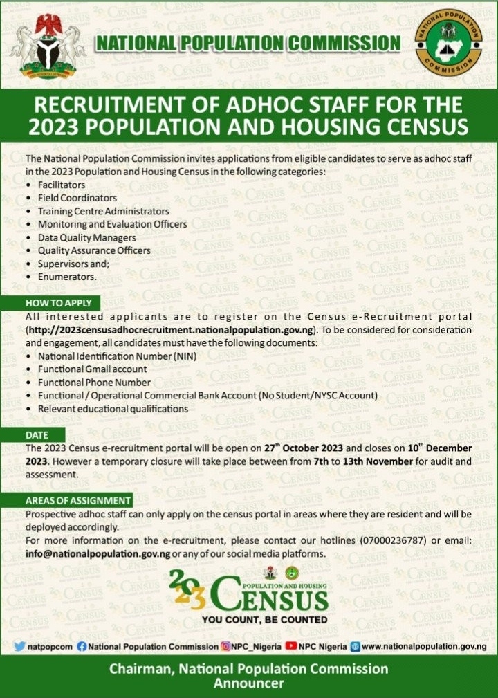 National Population Commission Opens Adhoc staff Recruitment Portal