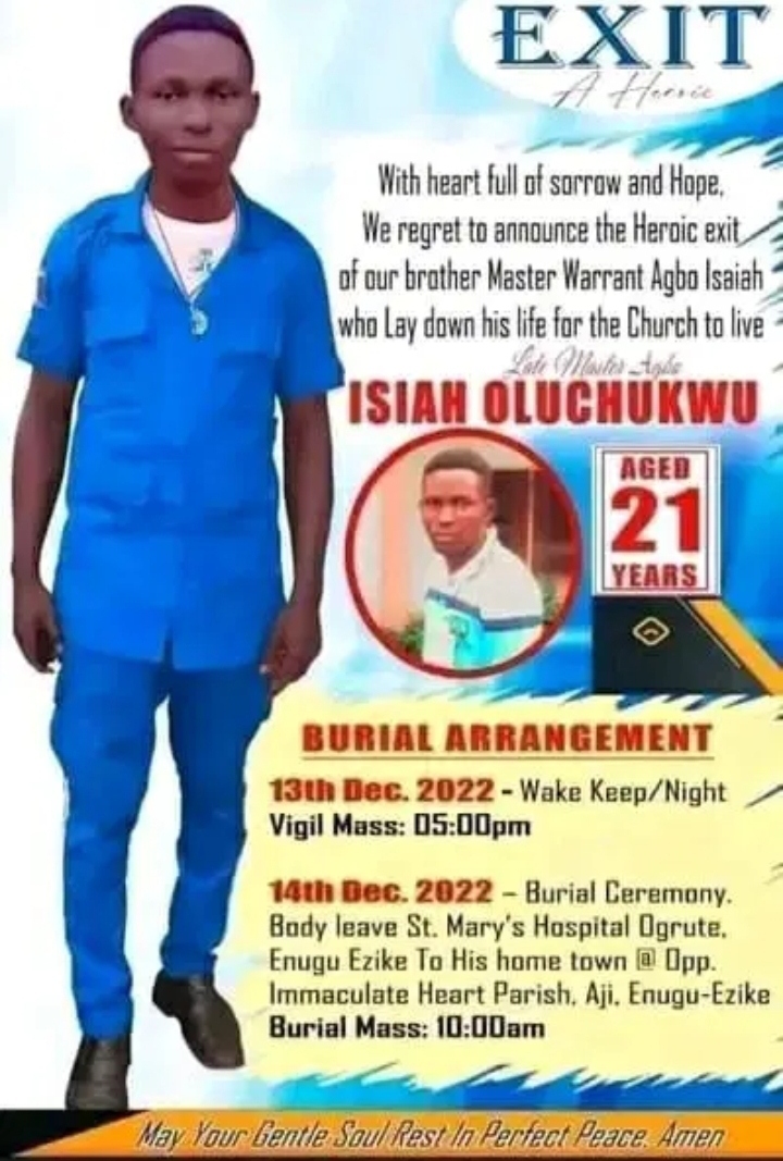21-year-old boy, Mr. Agbo Isaiah Oluchukwu in Church in Aji Community in Igbo-Eze North local government area of Enugu State