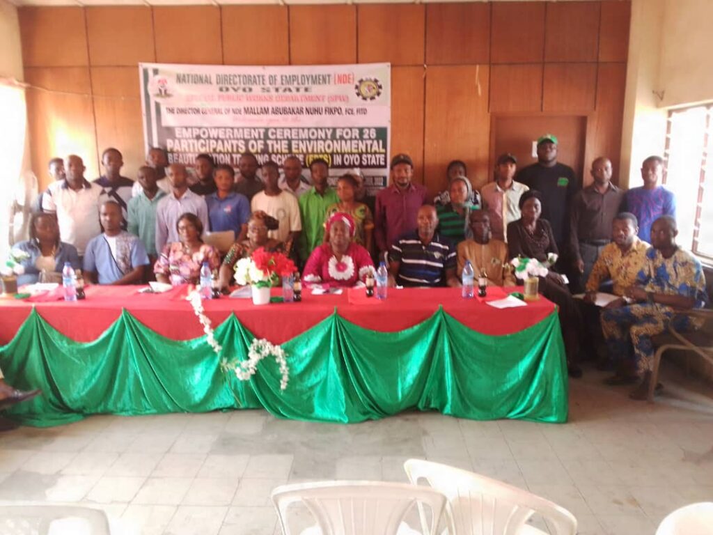 The Oyo State management team led by the state coordinator, Mrs Olayinka Olayemi in a group photograph with EBTS beneficiaries during an empowerment ceremony in Ibadan, Oyo State