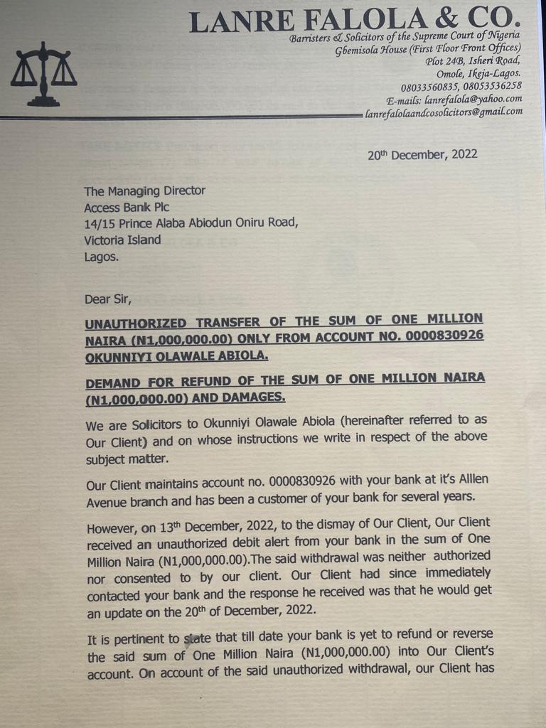 Olawale Okunniyi, Peter Obi's Chief Mobiliser, tackles Access Bank Over N1m Fraud