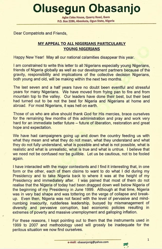 Olusegun Obasanjo Letter Formally Endorsing Peter Obi for 2023 presidential election 