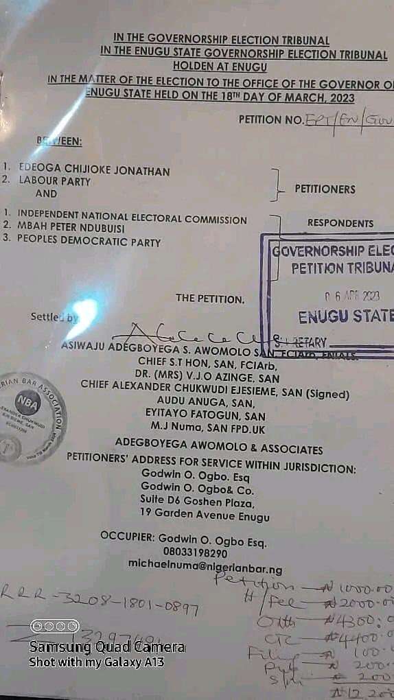 Enugu Guber 2023: LP’s Chijioke Edeoga Files Petition, Vows To Reclaim Mandate From PDP 