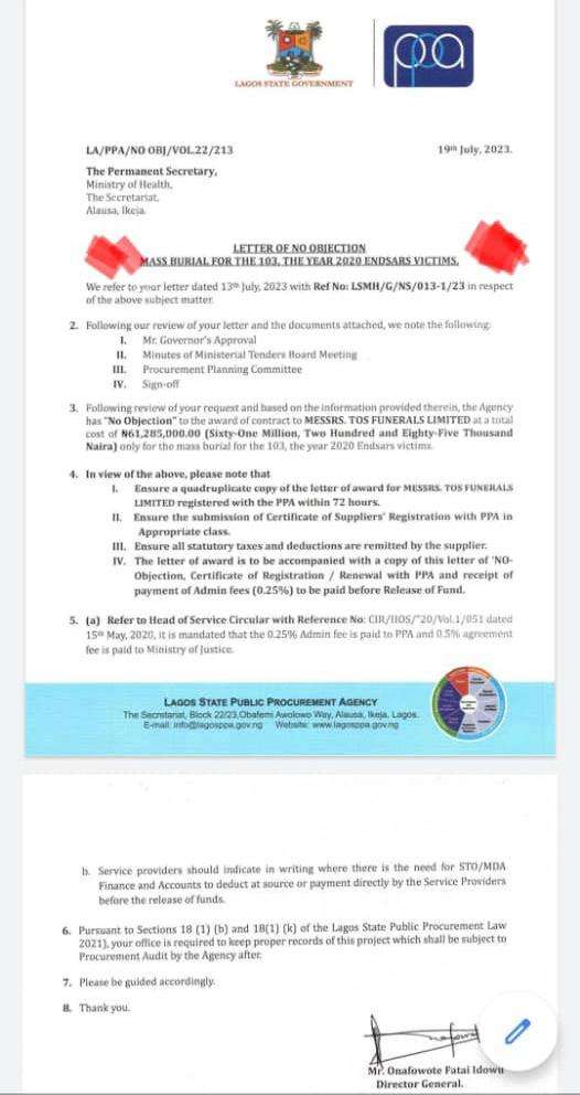 Lagos state Contract Letter for Mass Burial Of 103 Endsars Victims