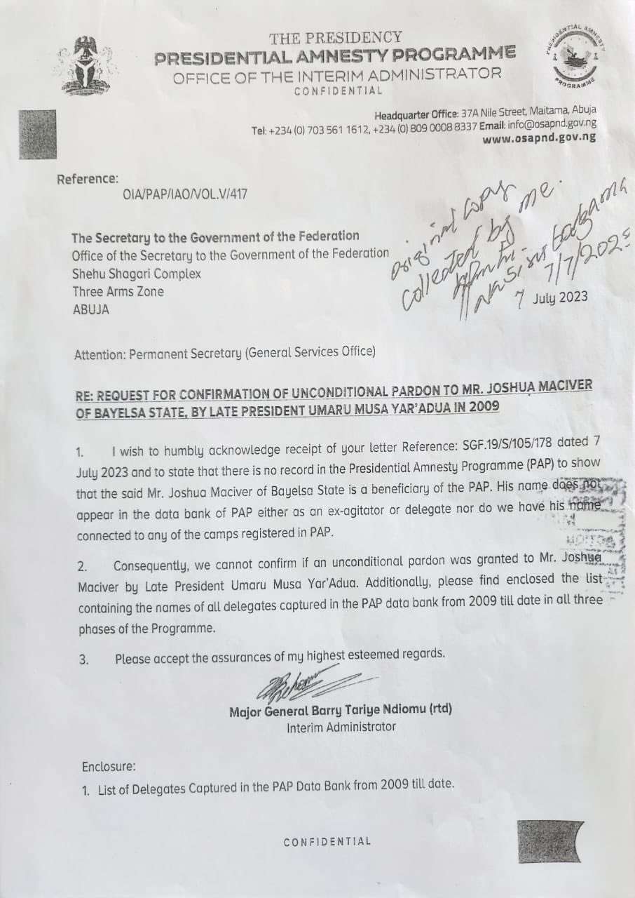 Letter from Amnesty office