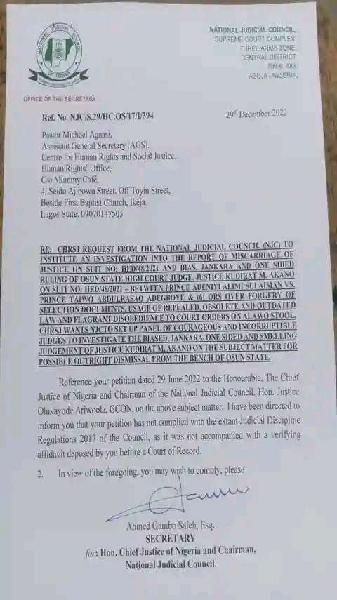 Alawo Stool: NJC Set to Begin Investigation of Osun Judge over Alleged Miscarriage of Justice