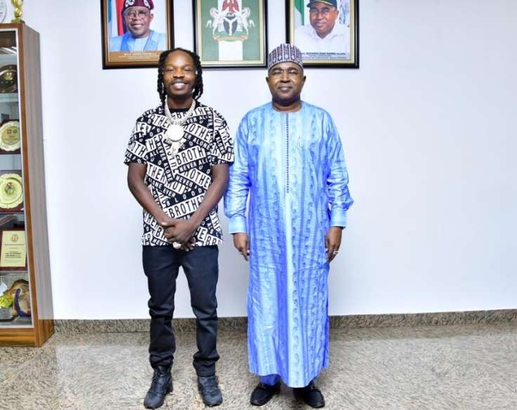Chairman/Chief Executive Officer of the National Drug Law Enforcement Agency, Brig. Gen. Mohamed Buba Marwa (Retd) with music star, Naira Marley when the artiste paid a visit to the National Headquarters of the Agency