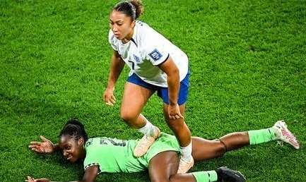 England's female player, Lauren James stepping on Nigeria's Michelle Alozie