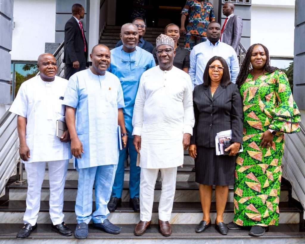 L-R: Members of the Special Intervention, Engr. Yusuf Mohammed; Comrade Austin Osakwe; Edo State Governor, Mr. Godwin Obaseki; members of the SIT: Prof. Esther Ikuoria, and Mrs. Imoh Okundaye, after a meeting, at the Government House, in Benin City.