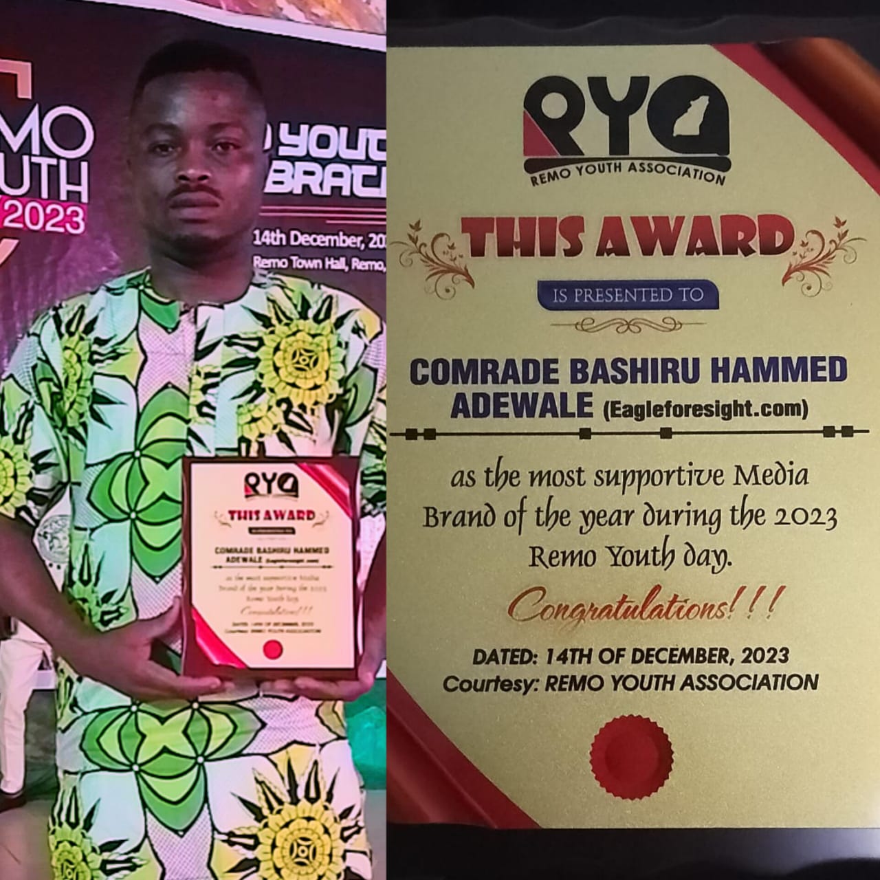 Lahbash, who shined at the event, bagged an award of excellence at the 2023 Remo Youth Day (2023 RYD)