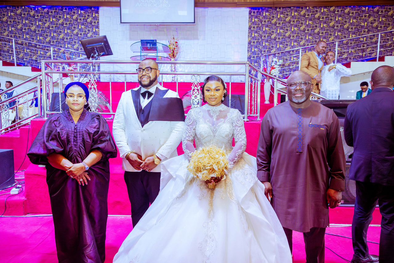 Governor Sheriff Oborevwori at the wedding ceremony of Nancy and Aduomayebe Adums Aghogho which held at Church of God Mission (Potters House), Orhuwhorun Road, Udu Local Government Area.