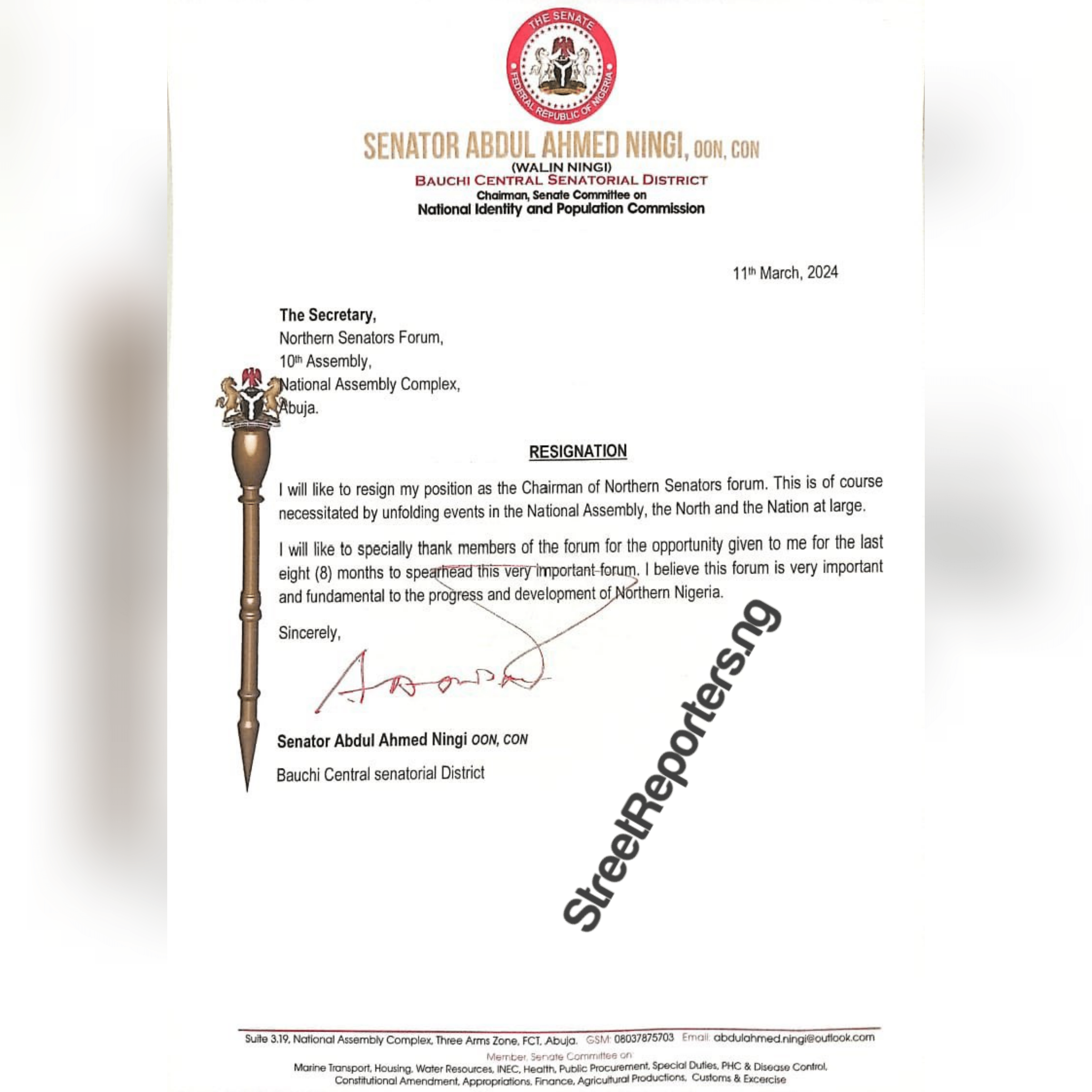 Senator Ningi Resignation Letter