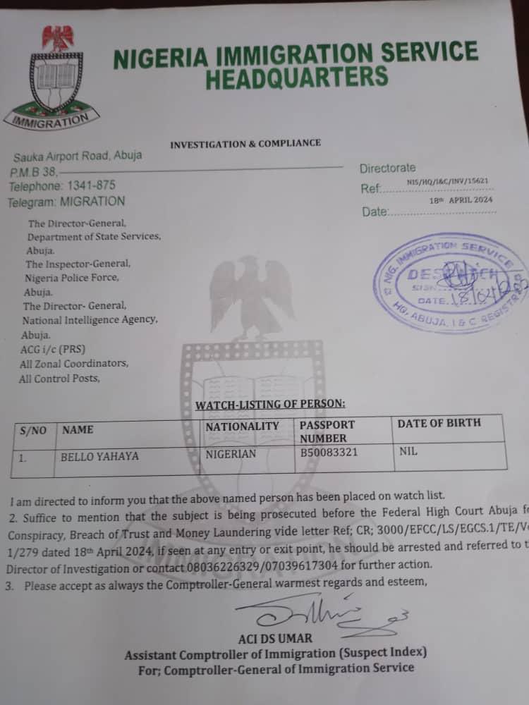 Nigeria Places Ex-Kogi Governor, Yahaya Bello, Under Watchlist, Alerts DSS, NIA, Police, Others
