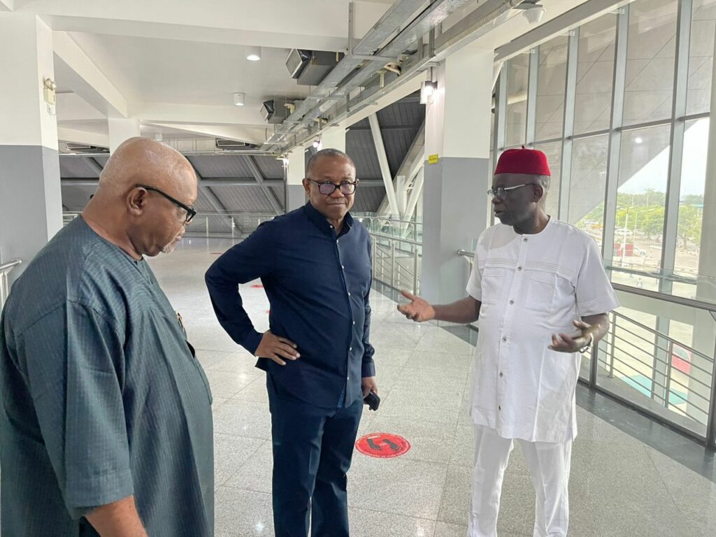 Comrade Prof Theophilus Ndubuaku, HE Peter Obi and Comrade Chris Uyot. At the meeting this morning at the Nnamdi Azikiwe International Airport Abuja.