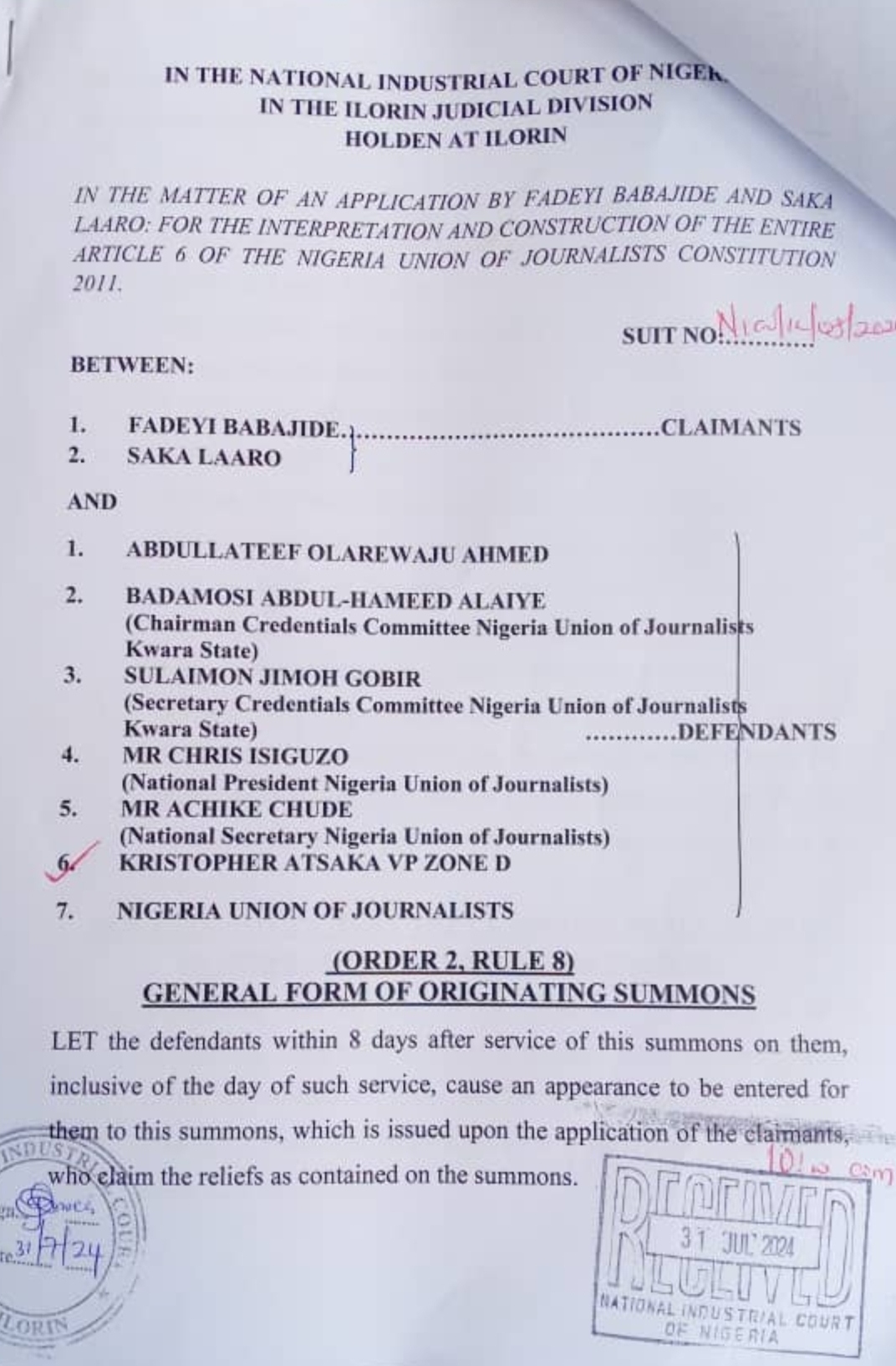 Kwara NUJ Election Court Summons 