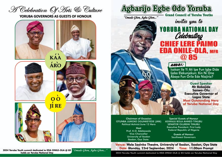 Governor Sanwo-Olu To Deliver Lecture As Yoruba National Day Celebration Holds September 23 in Honour of Eda Onile-Ola at 85