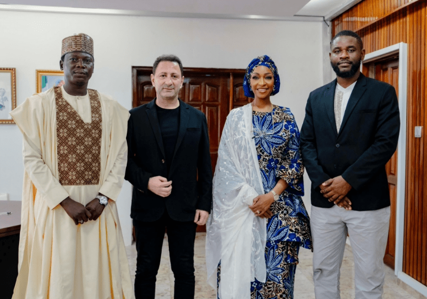 L-R: Adam Abubakar Media manager (Dambe Warriors) Mario WANNY Managing Partner (Dambe Warriors), Hannatu Musa Musawa Hon. Minister Art, Culture and the Creative Economy, Anthony Okeleke Co-founder (Dambe Warriors) on a courtesy visit to the Minister to seek the Ministry’s endorsement for the Dambe Warriors league. 8th August 2024
