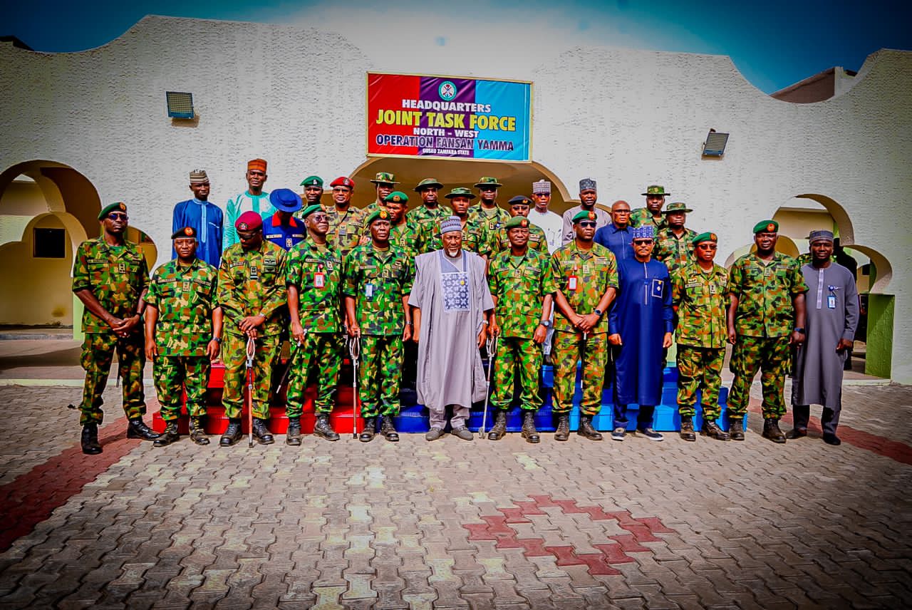 Minister of Defence, H.E. Mohammed Badaru Abubakar CON, mni, during his visit to Zamfara State to assess the progress of the Headquarters of Joint Task Force Operation Fansan Yamma North West