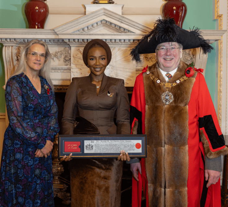 Olori Ivie Atuwatse III, Queen Consort of Warri with the Lord Mayor of London, Michael Mainelli as She is Awarded the Freedom of the City of London, Joining Iconic Figures like Nelson Mandela, Princess Diana, and Winston Churchill