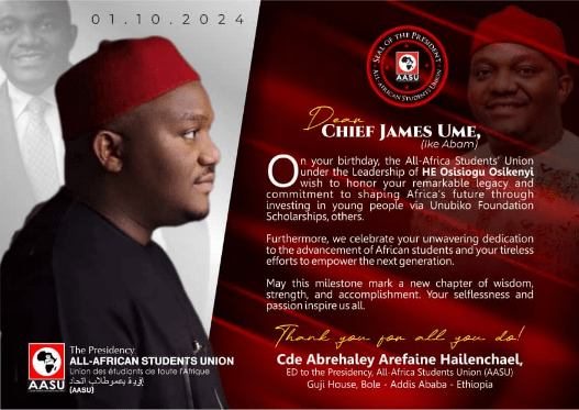 Birthday: AASU Celebrates Chief James Ume for Empowering Africa's Youth