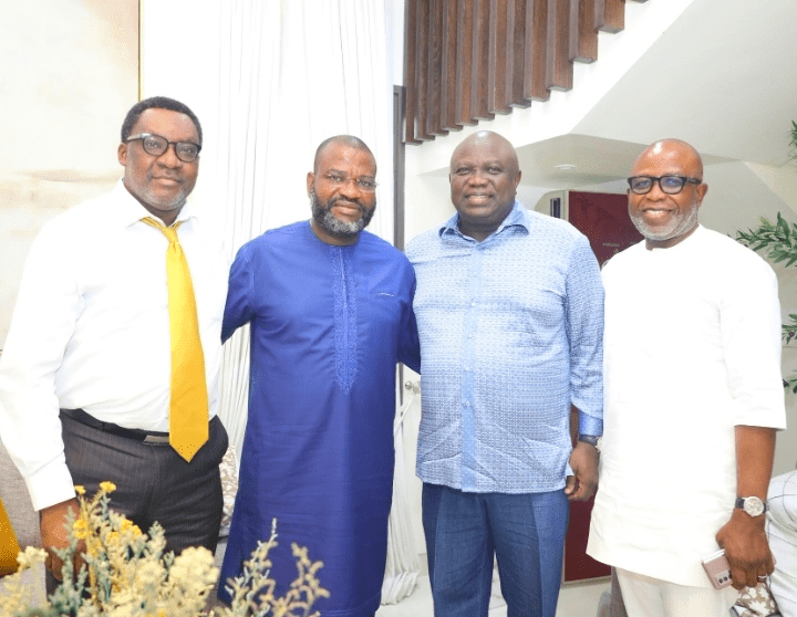 L-R: Former Lagos State Commissioner for Information/Tourism, Arts & Culture, Mr. Steve Ayorinde, Lead Consultant, PRM Africa Marketing Communications and Executive Producer/ President of the All Africa Music Awards, AFRIMA, Mr Mike Dada, former Lagos State Governor, Mr. Akinwunmi Ambode and MD/CEO, GlazeCredit, Mr Femi Ambode, during a condolence visit to the AFRIMA boss over the death of his wife, Mrs Modupe Temitope Dada, at his residence in GRA, Ikeja, Lagos State, recently.