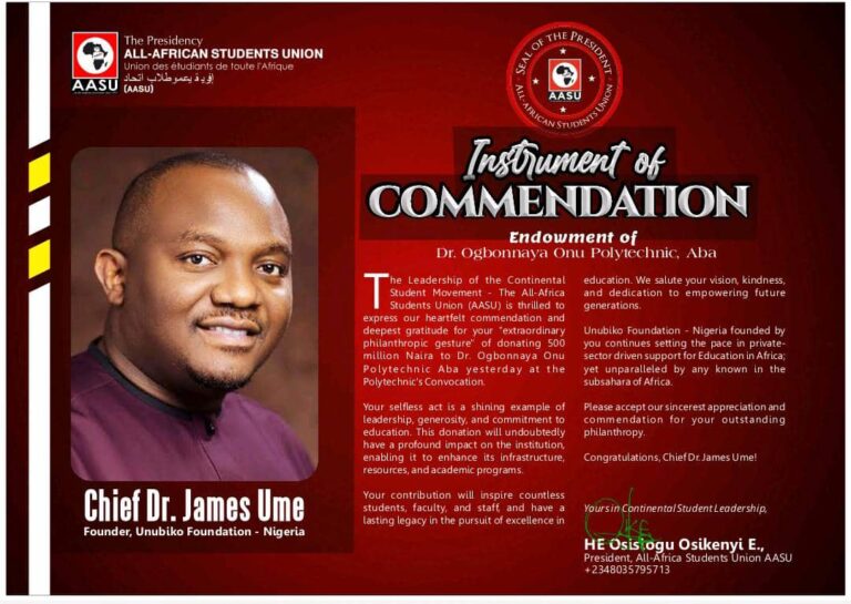 AASU Commends Philanthropist Chief James Ume for Donating N500 Million to Dr. Ogbonnaya Onu Polytechnic Aba