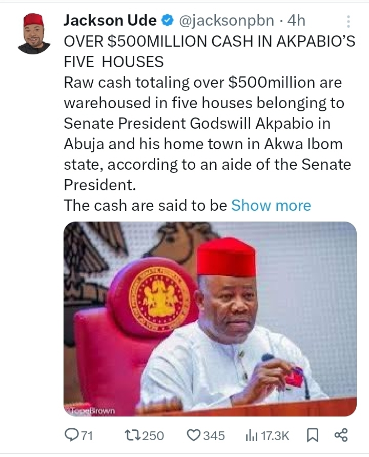 Investigative Journalist Alleges of Over $500 Million Cash in Senate President Akpabio's Five Houses
