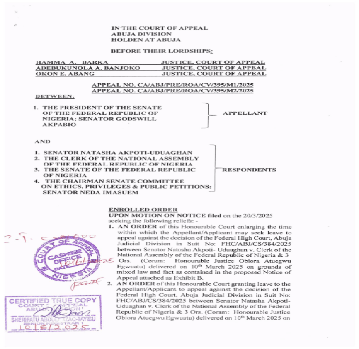 Appeal Court Dismisses Akpabio’s Appeals Against Senator Natasha’s Suspension Challenge, Awards ₦100,000 in Damages