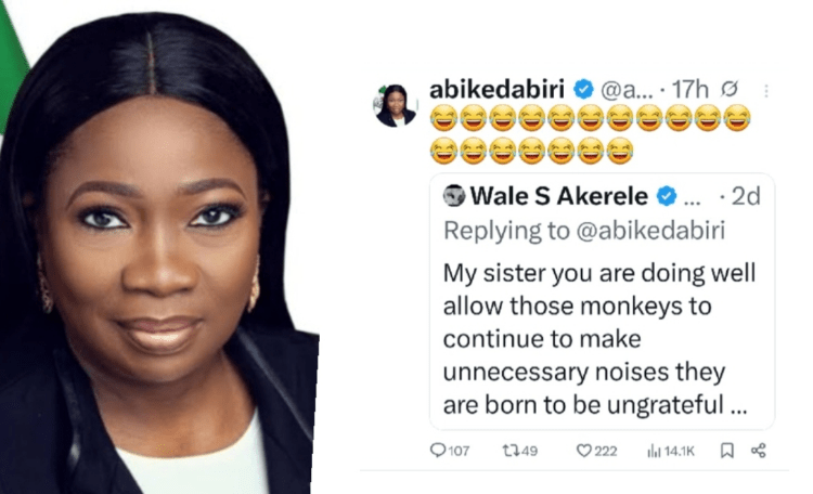 Nigerians have expressed outrage after Abike Dabiri-Erewa, Chairman of the Nigerians in Diaspora Commission (NIDCOM), amplified a derogatory post on X that described Igbos, an ethnic group from Nigeria’s South-East, as “monkeys” and “children of gorillas.”