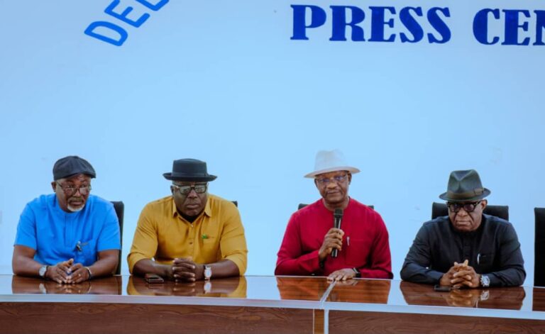 Delta State Commissioner for Works (Rural Roads) and Public Information, Mr. Charles Aniagwu, flanked by his counterparts for Economic Planning, Mr. Sonny Ekedayen; Housing, Hon. Godknows Angele; and the Chief Press Secretary to the Governor, Sir Festus Ahon Delta EXCO Approves 2026 Budget Framework, Judges’ Quarters Construction