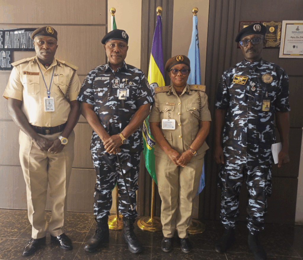 Commissioner of Police and Accountable Manager of the Nigeria Police Force Airwing, CP Martin Nwogoh, and CIS Boma Anidima Solomon Pepple, Comptroller of Immigration Service, Nnamdi Azikiwe International Airport Command—during a courtesy visit