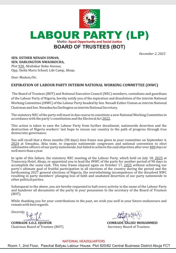 BREAKING: Labour Party BoT Dissolves Senator Nenadi Usman–Led Interim Leadership Just Days After Reconstitution and Submission to INEC