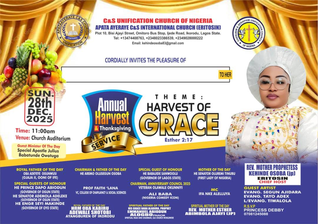 The ancient town of Ikorodu is set for a major spiritual and national convergence as Nigeria’s First Lady, Senator Oluremi Tinubu, Lagos State Governor Babajide Sanwo-Olu, and a host of Southwest governors, traditional rulers and top Christian leaders converge for the 2025 Annual Convention and Harvest of Divine Grace of the Apata Ayeraye C&S International (Unification) Church, Eritosin.