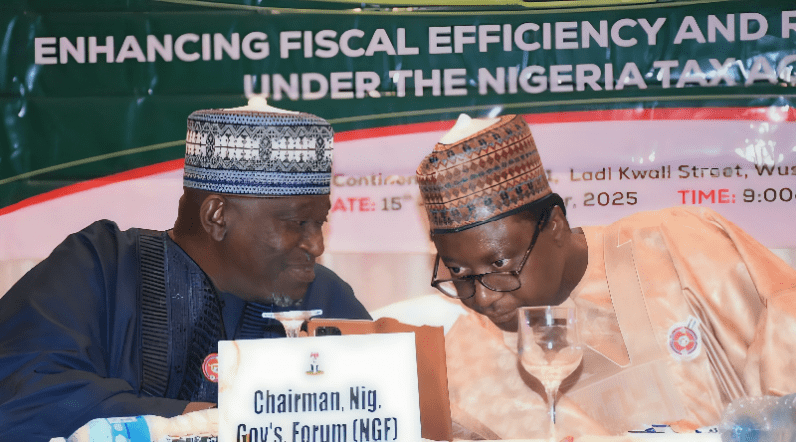 RMAFC Chairman, Dr. Mohammed Bello Shehu OFR with President NACCIMA, Engr. Jani Ibrahim at the National Discourse