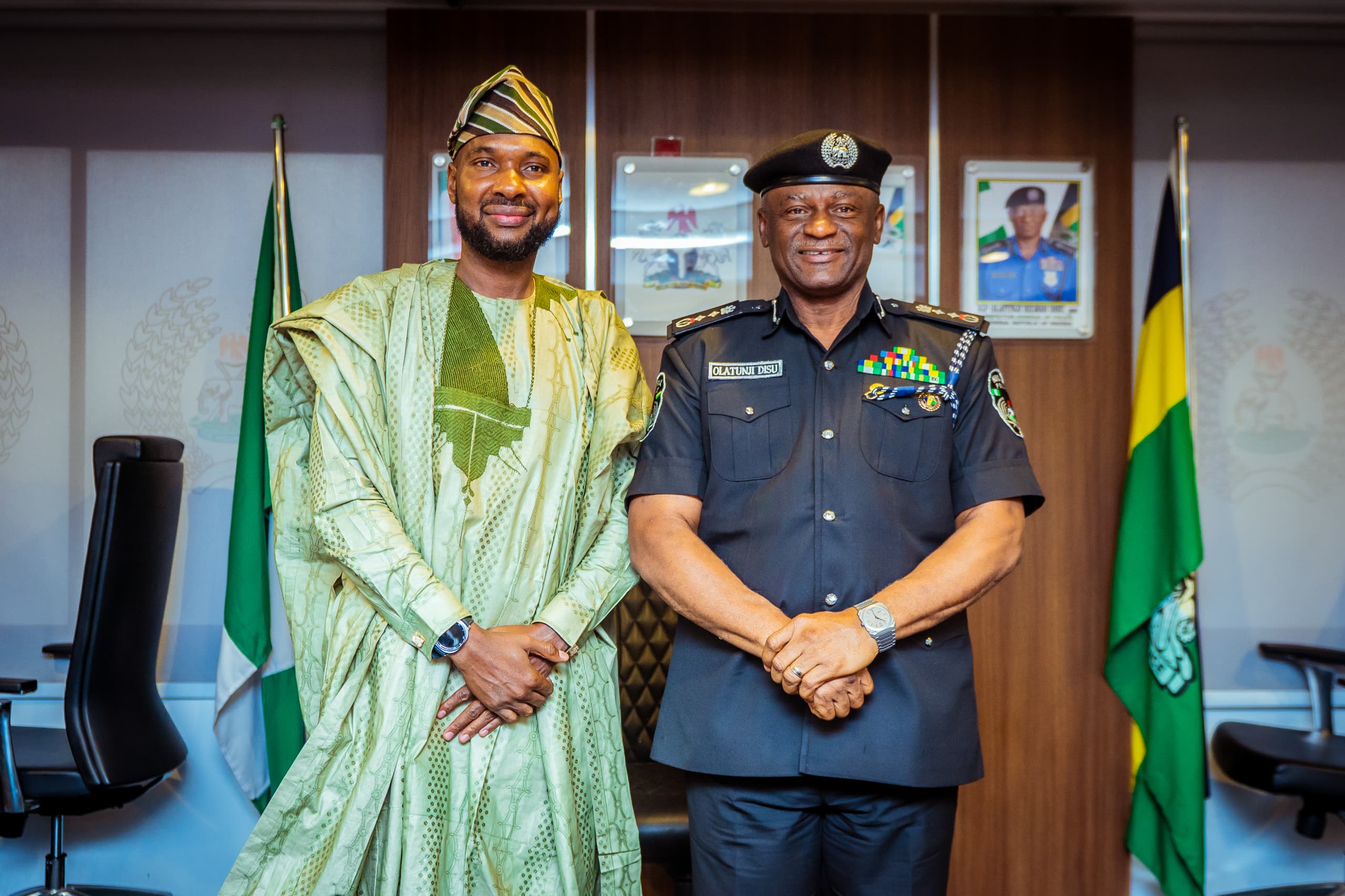 National President of the Association of Local Governments of Nigeria (ALGON), Hon. Engr. Bello Lawal, and the Inspector General of Police (IGP), Olatunji Rilwan Disu, at Force Headquarters, Abuja