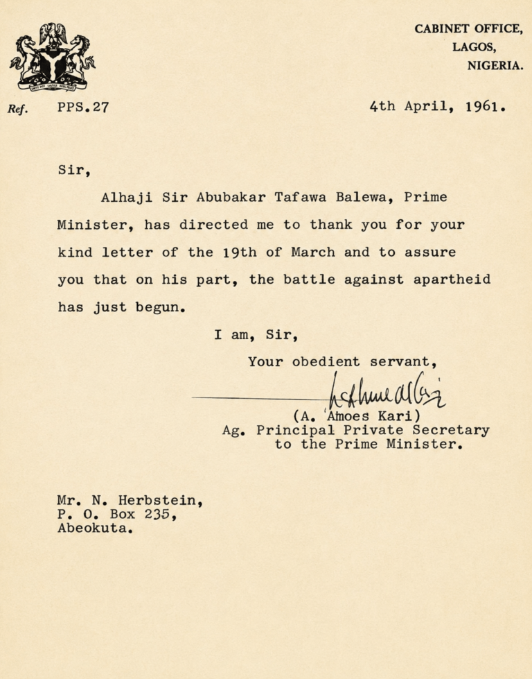 During Apartheid Nigeria’s Prime Minister Sent a letter of solidarity to South Africa