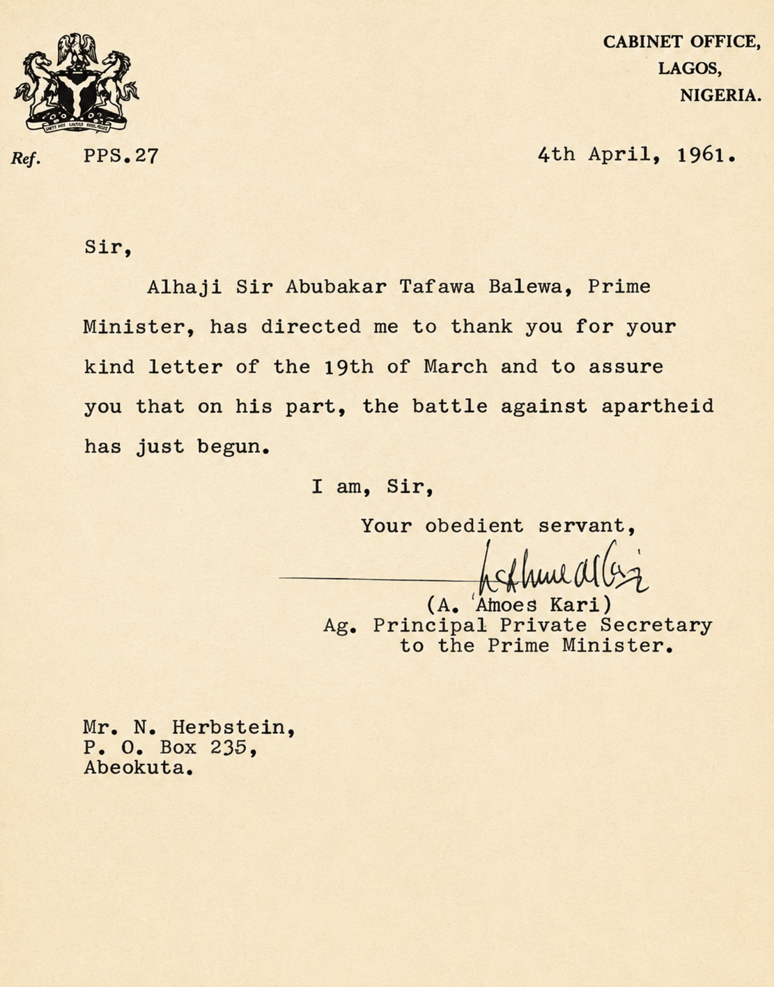 During Apartheid Nigeria’s Prime Minister Sent a letter of solidarity to South Africa
