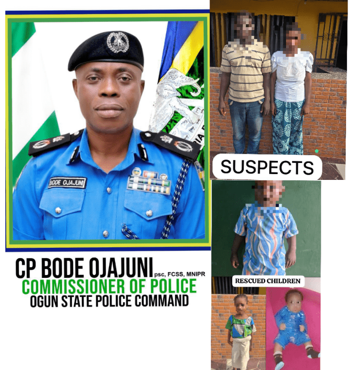 The Nigeria Police Force has cracked a suspected child-stealing syndicate operating in the Mowe area of Ogun State, arresting a husband and wife while rescuing three stolen children from their hideout.