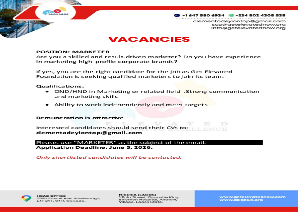 Job Vacancies: Get Elevated Foundation Announces Recruitment for Marketers